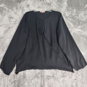 English Laundry Faux Wrap Blouse Womens XL Black Long Sleeve Keyhole Neck Goth